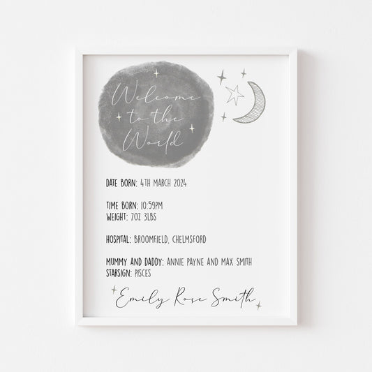 'Welcome to The World' Moon and Stars Baby Print